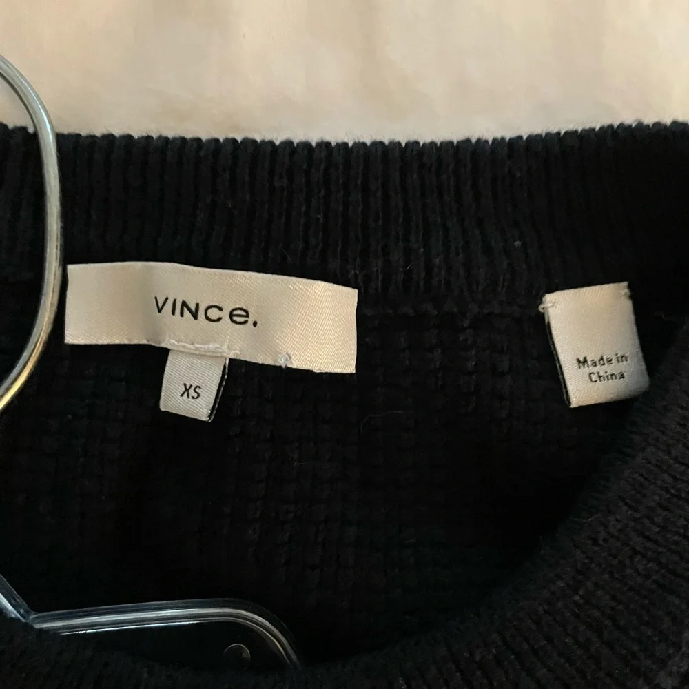 VINCE-Cotton Cropped Crew Neck Sweater Waffled Long Sleeve Navy Blue NWOT